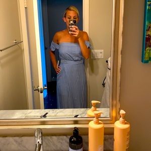 Blue and white pinstriped dress